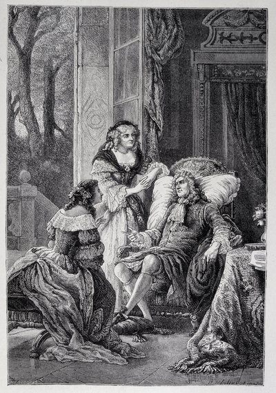François de La Rochefoucauld (1613-1680) spricht mit Mademoiselle de Sévigné (Marie de Rabutin-Chantal), Marquise de Sévigné genannt Madame de Sévigné (1626-1696) und Marie-Madeleine Pioche de La Vergne, Gräfin von La Fayette (Madame de La Fayette) von French School