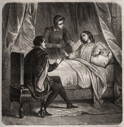 Francoise de Foix, Gräfin von Chateaubriant (ca. 1495-1537), krank, empfängt Clement des Marets genannt Marot (1496-1544), den Diener von Francois I., im Bett. Gravur von 1871 in „Histoire Des Cocuses Celebres“ von Henry de Kock von French School