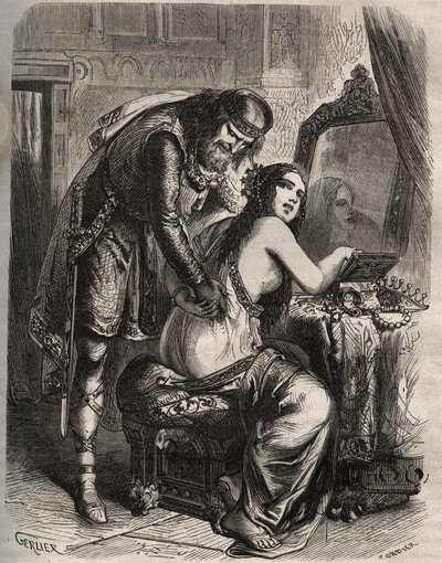 Fredegonde (545-597) nimmt ihren Ehemann, König der Franken Chilperic I. (543-597), für ihren Liebhaber, Landeric. Der König entdeckt, dass seine Frau ihn betrügt. Gravur von 1871 in „Histoire Des Cocuses Celebres“ von Henry de Kock (1819-1892) von French School