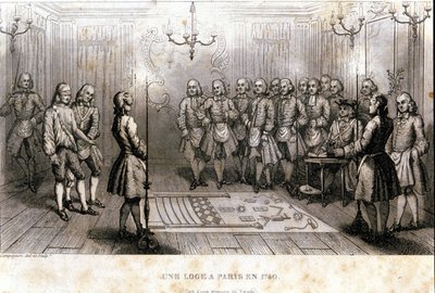 Freimaurerei: geheimes Treffen in einer Loge in Paris im Jahr 1740. Gravur aus „Picturesque Histoire de la Franc Maconnerie et des Societes Secretes ancienne et modernes“ von F.-T. B. Clavel. Pagnerre, Herausgeber. 1843. von French School