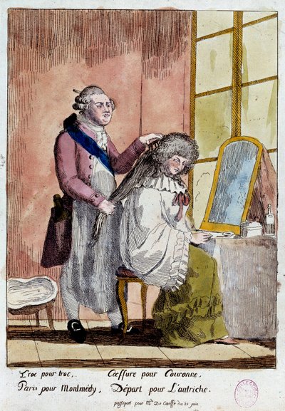 Französische Revolution: Karikatur über die Flucht der königlichen Familie nach Varennes am 20. und 21.06.1791: König Ludwig XVI. frisiert Königin Marie Antoinette, die mit dem falschen Pass der Gouvernante der Kinder der Baronin von Korff abreisen sollte. von French School