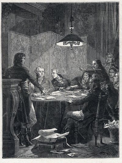 Französische Revolution: Sitzung des Komitees für öffentliche Sicherheit, einer revolutionären Regierung, die 1793 von der Nationalversammlung eingerichtet wurde. von French School