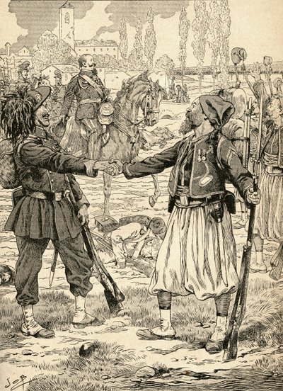 Französische und sardische Soldaten schütteln sich die Hände, um ihren Sieg gegen die Österreicher nach der Schlacht von Palestro, Italien, zu feiern von French School