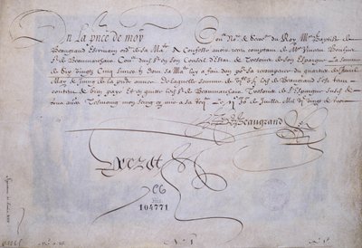 Französische Kalligraphie: Quittung zugunsten von Bernard de Beaugrand ausgestellt am 2. Juli 1623. Historische Bibliothek der Stadt Paris. von French School