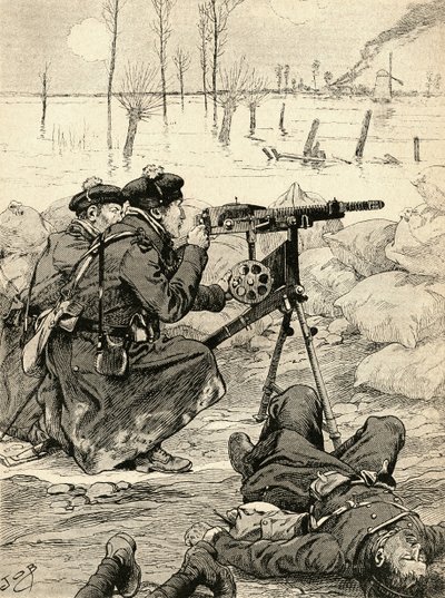Französisches Maschinengewehrteam in der Schlacht von Yser, Belgien von French School