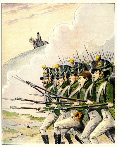 Französische Soldaten während der Schlacht von Waterloo (Farblithografie) von French School