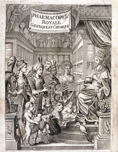Frontispiz von „Pharmacopoeia royal, galenic and chymic“ von Morse Charas, Pharmazie im Königlichen Garten der Pflanzen bei Laurent d