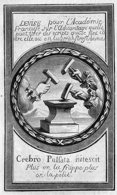 Frontispiz der „Factums“ gegen die Französische Akademie von Antoine Furetière (1619-1688). Gravur von 1860. von French School