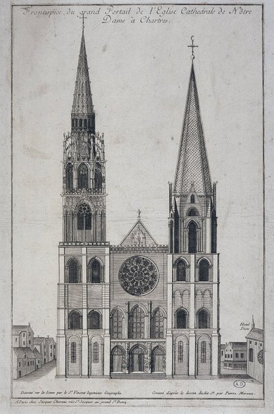 Frontispiz des großen Portals der Kathedrale Notre Dame in Chartres, vor Ort entworfen von Saint Vincent Geographer Engineer, 19. Jahrhundert von French School