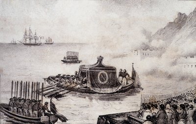 Begräbnis von Napoleon I.: Abfahrt von St. Helena - Zeichnung von Levilly, in "Historisches Gemälde des Begräbnisses von Napoleon" von M. St Maurice, ca. 1851 von French School
