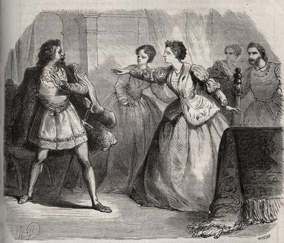 Gabrielle de Vergy streitet mit ihrem Verlobten, Eudes de Fayel, der eifersüchtig auf die Freundschaft ist, die sie mit ihrem Cousin Albert de Nozereau hat. Szene einer Legende aus dem 12. Jahrhundert. Gravur von 1871 in „Histoire Des Cocus Celebres“ von H von French School