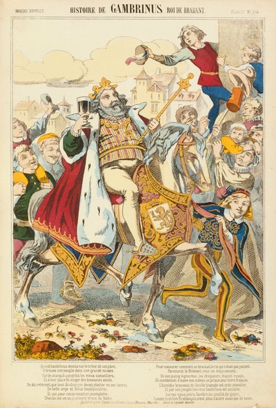 Gambriunus, legendärer König von Flandern, Flugblatt veröffentlicht von Verlag Haguenthal, Pont-a-Mousson, 1860 von French School