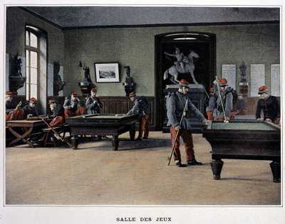 Spielzimmer: Soldaten spielen Billard und - in „Militärisches Album - Infanterie“ von French School