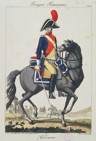 Gendarm auf einem Pferd, 1807 (Farbstich) von French School