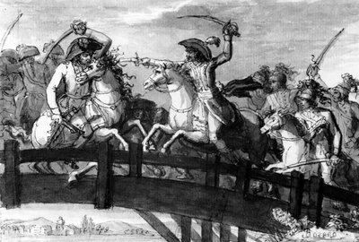 General Alexandre Dumas, der Horatius Cocles von Tirol, tötet im Jahr 1797 auf der Clausen-Brücke eigenhändig drei österreichische Gegner, ca. 1797 von French School