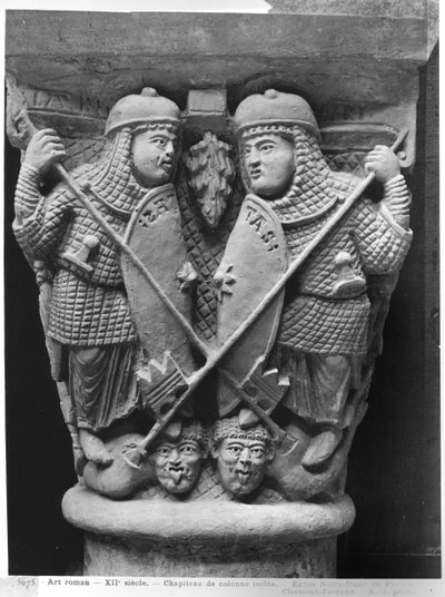 Großzügigkeit und Wohltätigkeit durchbohren zwei Laster, Kapitell darstellend den Kampf der Laster gegen die Tugenden, aus der Kirche Notre-Dame-du-Port, Clermont-Ferrand (Gipsabguss) von French School