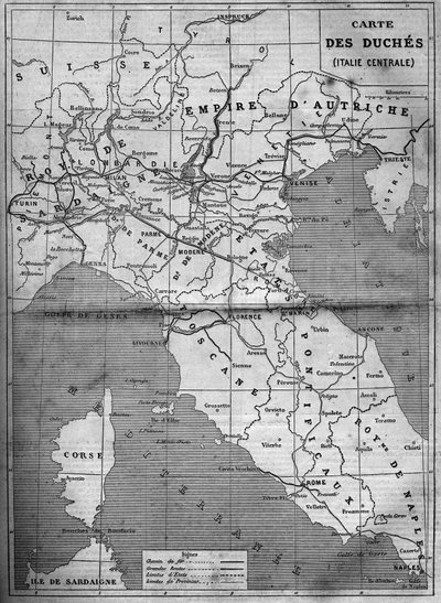 Geografische Karte der Herzogtümer Mittelitaliens im Jahr 1860. Gravur in „Le Monde Illustré“ Nr. 143 vom 7. Januar 1860 von French School