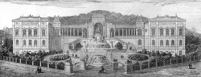 Geometrische Ansicht des Palais de Longchamp in Marseille, Bouches-du-Rhône (13), erbaut 1862 von Henri Jacques Espérandieu (1829-1874). Gravur in „Le Monde Illustré“ Nr. 681 vom 30. April. von French School