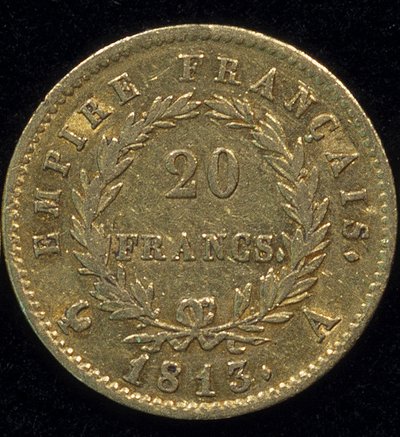 Goldmünze von 20 Francs (Napoleon) aus 1813. Rückseite. von French School