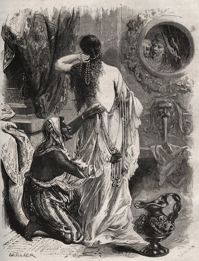 Griechische Mythologie: Der König von Lydien, Candaule, zeigt seinem Vertrauten Gyges seine nackte Frau, die sich im Schlafzimmer entkleidet. Gravur von 1871 in "Histoire Des Cocus Celebres" von Henry de Kock (1819-1892) von French School