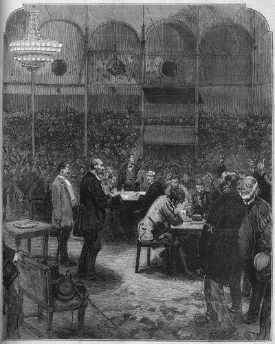 Streik der Kutscher von Paris im Jahr 1878: Wahl der Delegierten zur Gesellschaft der Petites Cars im Zirkus Fernando. Gravur in „Le Monde Illustré“ Nr. 1116 vom 17. August 1878. von French School