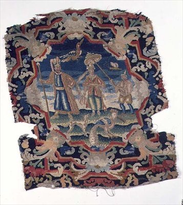 Gros Point und Petit Point Sitzbezug mit drei osteuropäischen Figuren und Vögeln, Mitte des 18. Jahrhunderts (Detail) von French School