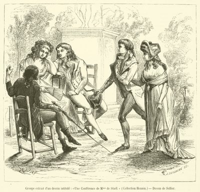 Gruppe aus einer Zeichnung mit dem Titel, Eine Konferenz von Madame de Stael, Sammlung Hennin von French School