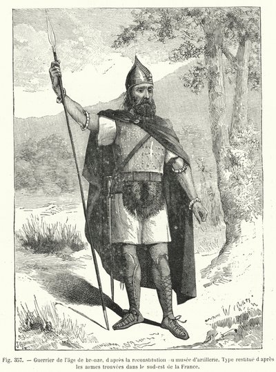 Krieger aus der Bronzezeit nach der Rekonstruktion des Artilleriemuseums (Gravur) von French School