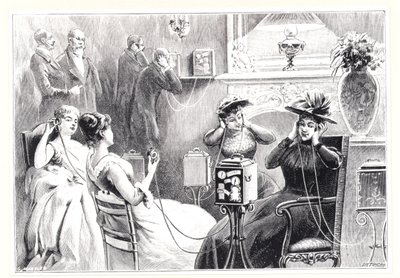 Gäste in einem Pariser Hotel hören direkte Übertragungen von Opern- oder Theateraufführungen auf Marinovitchs und Szarvadys Theatrophone, aus La Nature, veröffentlicht 1892 von French School