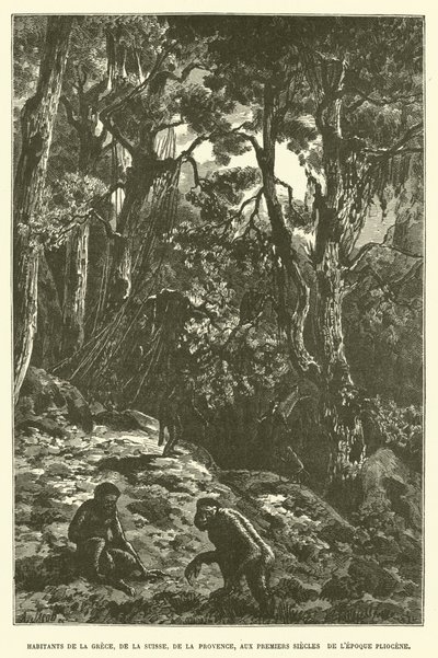 Bewohner von Griechenland, der Schweiz, der Provence in den ersten Jahrhunderten des Pliozäns (Gravur) von French School