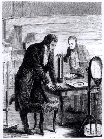 Hans Christian Oersted entdeckt die Abweichung der Magnetnadel durch geschlossenen Stromkreis, aus Les Merveilles de la Science von Louis Figuier, 1867 von French School