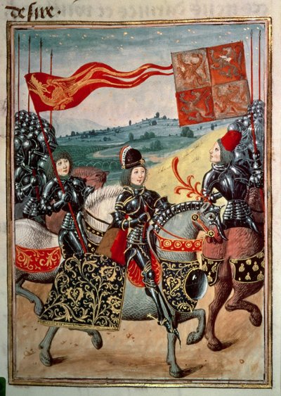 Ritter und zwei Begleiter zu Pferd mit Armee, Band IV, aus 