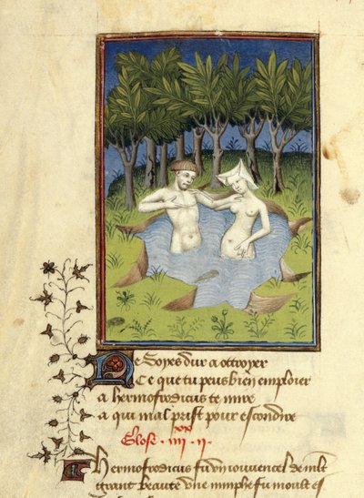 Miniatur von Hermaphroditus und der Nymphe Salmacis, die in einem See baden, aus 
