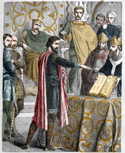 Harold II., letzter angelsächsischer König, wird 1064 gekrönt und schwört auf die heiligen Reliquien vor Wilhelm dem Eroberer, seine Sache auf dem Thron von England nach dem Tod von Edward dem Bekenner zu unterstützen. von French School