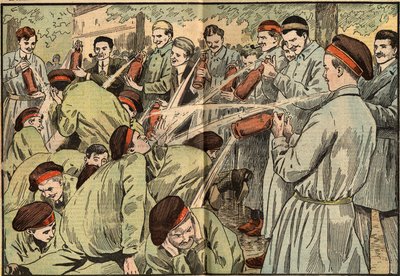 Schikane: neue Studenten des Landwirtschaftsinstituts für Wasserspargel in Seltz in Paris. Gravur in „le Pelerin“ vom 10. Juni von French School