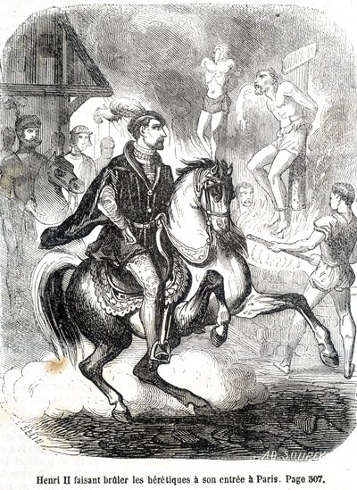 Heinrich II. (1519 - 1559) lässt die Ketzer bei seinem Einzug in Paris verbrennen - in „Histoire de France“ von L.-P. Anquetil von French School