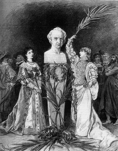 Henriette Rosine Bernard genannt Sarah Bernhardt rezitiert „Die Schlacht von Hernani“ von Francois Coppee, vor der Büste von Victor Hugo anlässlich des fünfzigsten Jahrestages des Stücks „Hernani“. Paris, Comédie Française von French School
