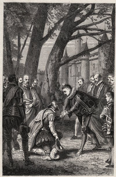 Heinrich III. und Heinrich von Navarra, der zukünftige Heinrich IV., treffen sich am 30. April in Plessis-les-Tours von French School