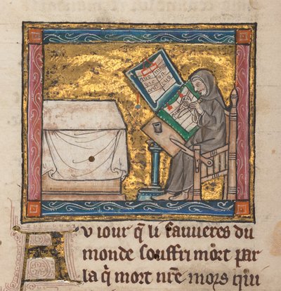 Einsiedler schreibt an einem Schreibtisch, Miniatur aus "Estoire del Saint Graal, La Queste del Saint Graal, Morte Artu", ca. 1315-25 von French School