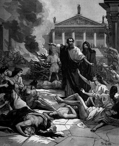 Hippokrates (griechisch Hippokrates) griechischer Arzt (460 bis 380 v. Chr.) kommt nach Athen und bekämpft die Pest durch das Entzünden großer Feuer. von French School