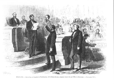 Hiram Revels, der erste schwarze Senator des Staates Mississippi, wird in den Washingtoner Kongress eingeschworen von French School