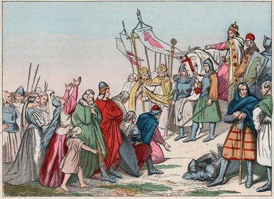 Geschichte Galliens im Mittelalter: Germanische Sachsen knien vor König Karl dem Großen (742-814), Sieger der Kriege - Gravur aus dem späten 19. Jahrhundert in „Unsere Nationalen Ruhmestaten - Bilder und Erzählungen“. von French School
