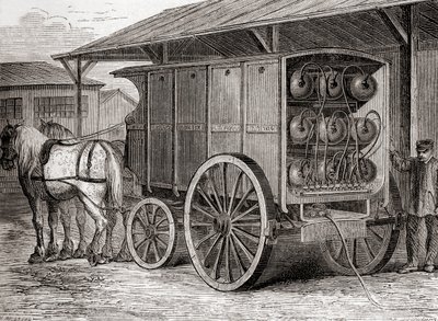 Pferdewagen zum Transport von komprimiertem Gas in tragbaren Behältern im 19. Jahrhundert, aus Les Merveilles de la Science, veröffentlicht ca. 1870 von French School