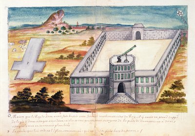 Haus und Observatorium, gebaut vom König von Siam für die Jesuitenmathematiker, aus einem Bericht über die Jesuiten in Siam, 1688 von French School