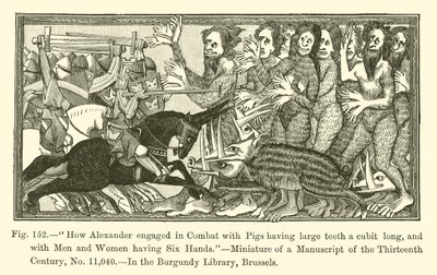 Wie Alexander im Kampf mit Schweinen mit großen Zähnen, die eine Elle lang sind, und mit Männern und Frauen mit sechs Händen engagiert war (Stich) von French School