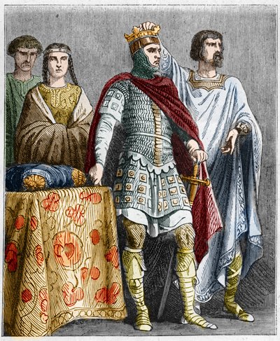Hugo der Große (897-956) krönt Raoul oder Rudolf von Burgund (um 890-936), Herzog von Burgund und König von Frankreich. Gravur in „Histoire De France En Cent Tableaux“ von Paul Lehugeur 1891 von French School