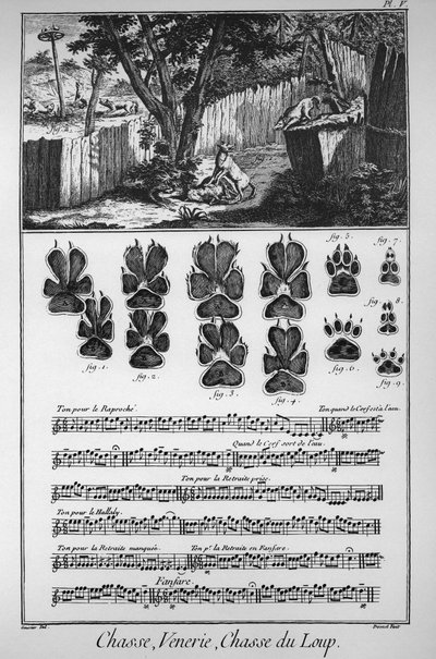 Die Jagd auf den Wolf (verschiedene Methoden oder Fallen, um die Wölfe zu fangen) - „Die Große Enzyklopädie, oder Dictionnaire Raisonne des Sciences, des Arts et des Metiers“ von Denis Diderot (1713-1784) von French School