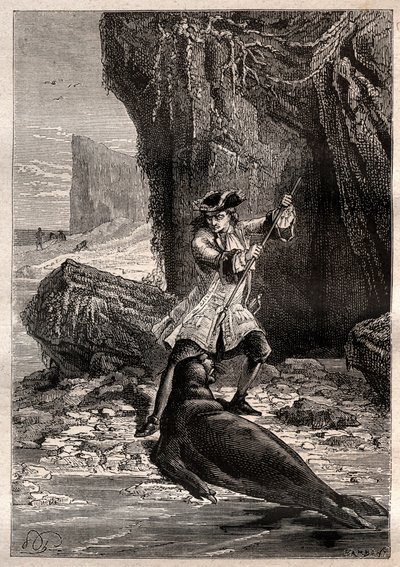 Ich stieß meine Schaufel in seine Brust: Woodes Rogers (1679-1732) wird 1709 auf einer der Galapagos-Inseln im Pazifischen Ozean von einem Seelöwen (Robbe) angegriffen - Illustration aus „Die großen Seefahrer des 18. Jahrhunderts“ von French School