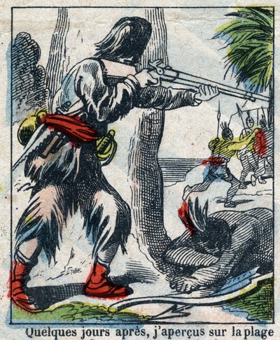 Illustration für das Buch von Daniel Defoe „Robinson Crusoe“. Epinal-Bild vom Ende des 19. Jahrhunderts von French School