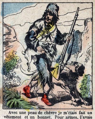 Illustration für das Buch von Daniel Defoe „Robinson Crusoe“. Epinal-Bild aus dem späten 19. Jahrhundert. von French School